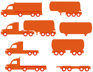 set isolated american trucks with tank and body silhouette