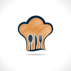 hand drawn forks inside on hand drawn chef hat background