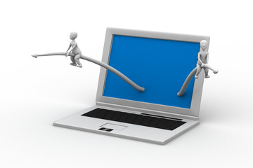 3d small person sitting with a laptop