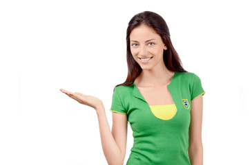 Girl with Brazilian flag on her shirt signing presenting.