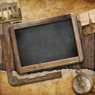 Treasure map, blackboard and old compass. Nautical still life. A