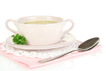 Nourishing soup with vegetables in pan isolated on white