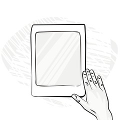 dłoń na tablecie monochromatyczna ilustracja nowe technologie © demonique