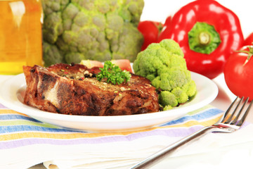 Piece of fried meat on plate isolated on white