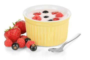 Delicious yogurt with fruit isolated on white