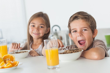 Siblings eating cereal together