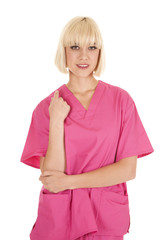 woman nurse outfit smile hand on elbow