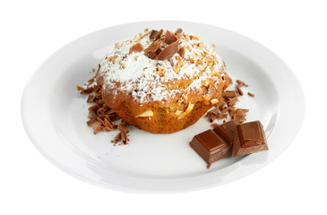 Tasty muffin cake with powdered sugar and chocolate