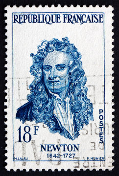 Postage stamp France 1957 Sir Isaac Newton, Physicist and Mathem