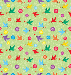 Pattern with flying birds carrying a branch with a heart.