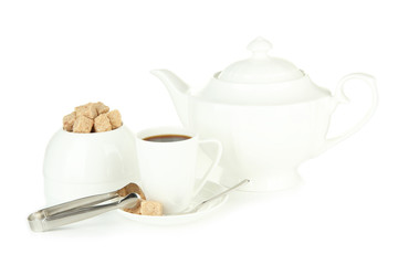 Cup of coffee, sugar-bowl and teapot isolated on white