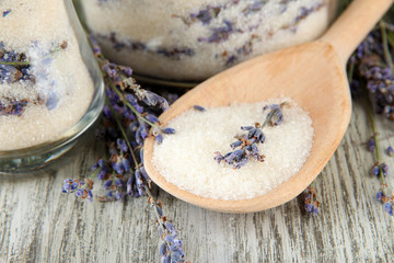 Jar of lavender sugar and fresh lavender flowers