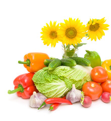 sunflower flowers and vegetables on a white background
