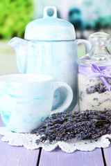 Jar of lavender sugar and fresh lavender flowers