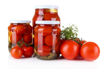 Tasty canned and fresh tomatoes, isolated on white