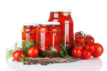 Tasty canned and fresh tomatoes, isolated on white