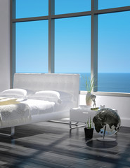 3d rendering of modern white bedroom interior with seascape view