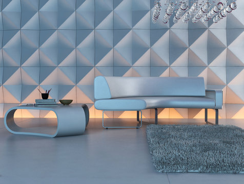 Modern white couch in front of illuminated design wall