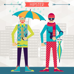 Two hipsters on urban background in retro style.