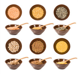 set of raw legumes in bowls