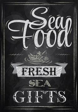 Poster Sea food fresh sea gifts chalk on blackboard