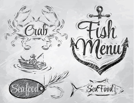 Set collection of seafood and fish menu charcoal
