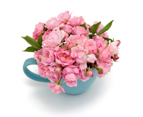 pink roses in blue cup