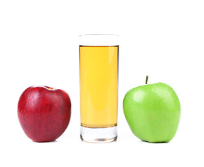 Green and red apples, juice isolated on white