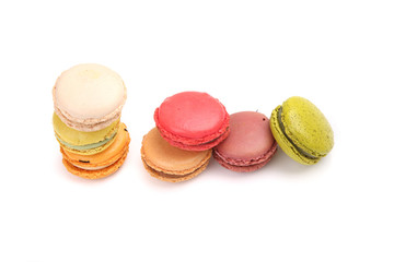 Colorful macaroon in close up isolated on white background