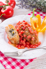 Vegetarian cabbage rolls with spinach and salsa