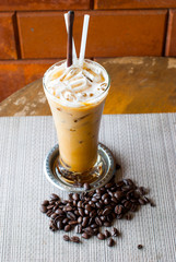 Ice coffee and coffee beans