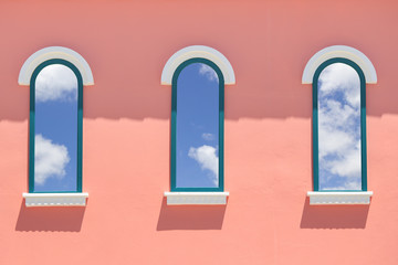 vintage windows on the pink wall