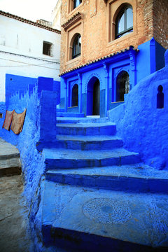 Stairs of moroccan blue town Chefchaouen medina