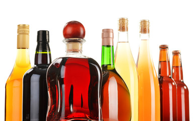 Assorted alcoholic beverages isolated on white