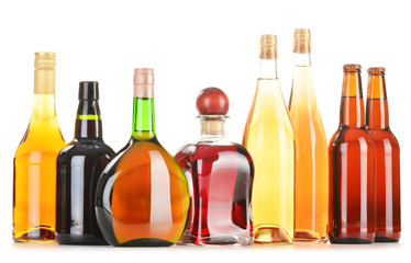 Assorted alcoholic beverages isolated on white