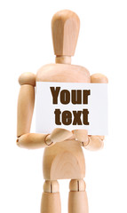 Wooden mannequin with paper isolated on white