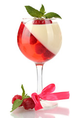 fruit jelly with chocolate and berries in glass isolated