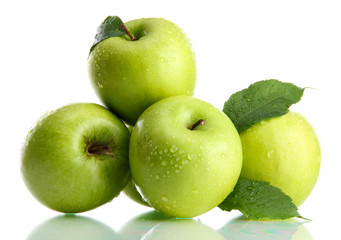 Ripe green apples with leaves  isolated on white