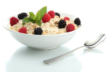 tasty oatmeal with berries, isolated on white