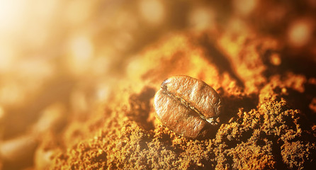 Closeup coffee bean at roasted coffee heap. Coffee bean on macro