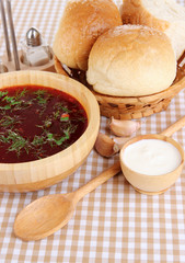 Delicious borsch on table close-up