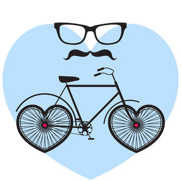 Vector hipster poster with bicycle on blue heart