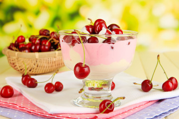 Delicious cherry dessert in glass vase