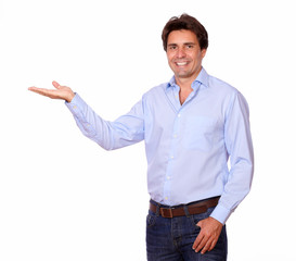 Stylish latin man holding palm out