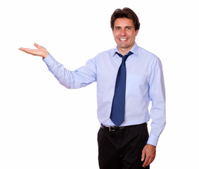 Stylish businessman with tie holding palm out