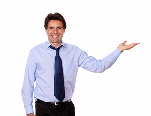 Stylish handsome businessman holding palm out