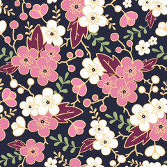 Vector night garden sakura blossoms seamless pattern background © Oksancia