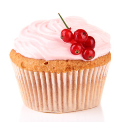 Tasty muffin with berries isolated on white