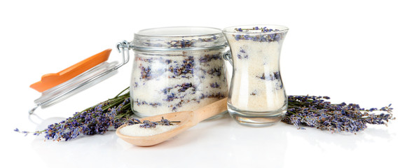 Jar of lavender sugar and fresh lavender flowers isolated