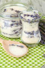 Jar of lavender sugar and fresh lavender flowers
